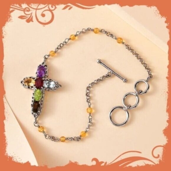 New Karis Multi Gemstone Cross Bracelet in Platinum Over Sterling Silver - Picture 1 of 6